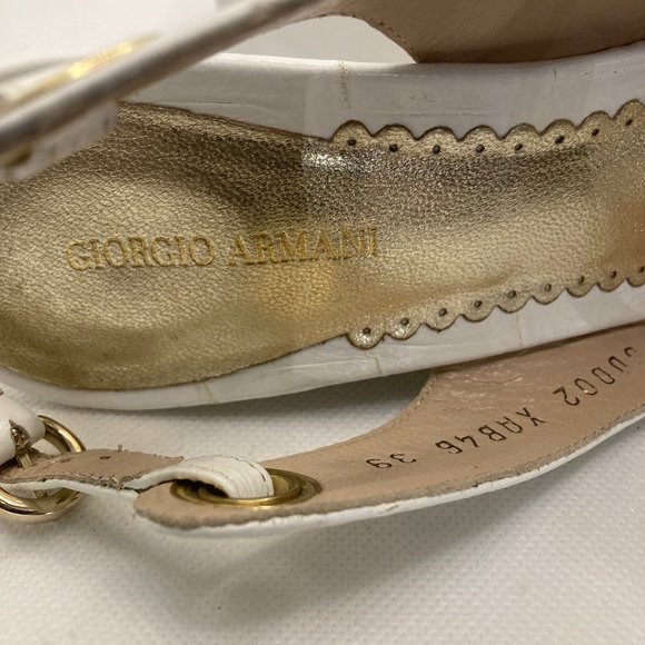 Giorgio Armani Ivory Leather and Textile Open-Toe Wedges Size 9 - Picture 8 of 14